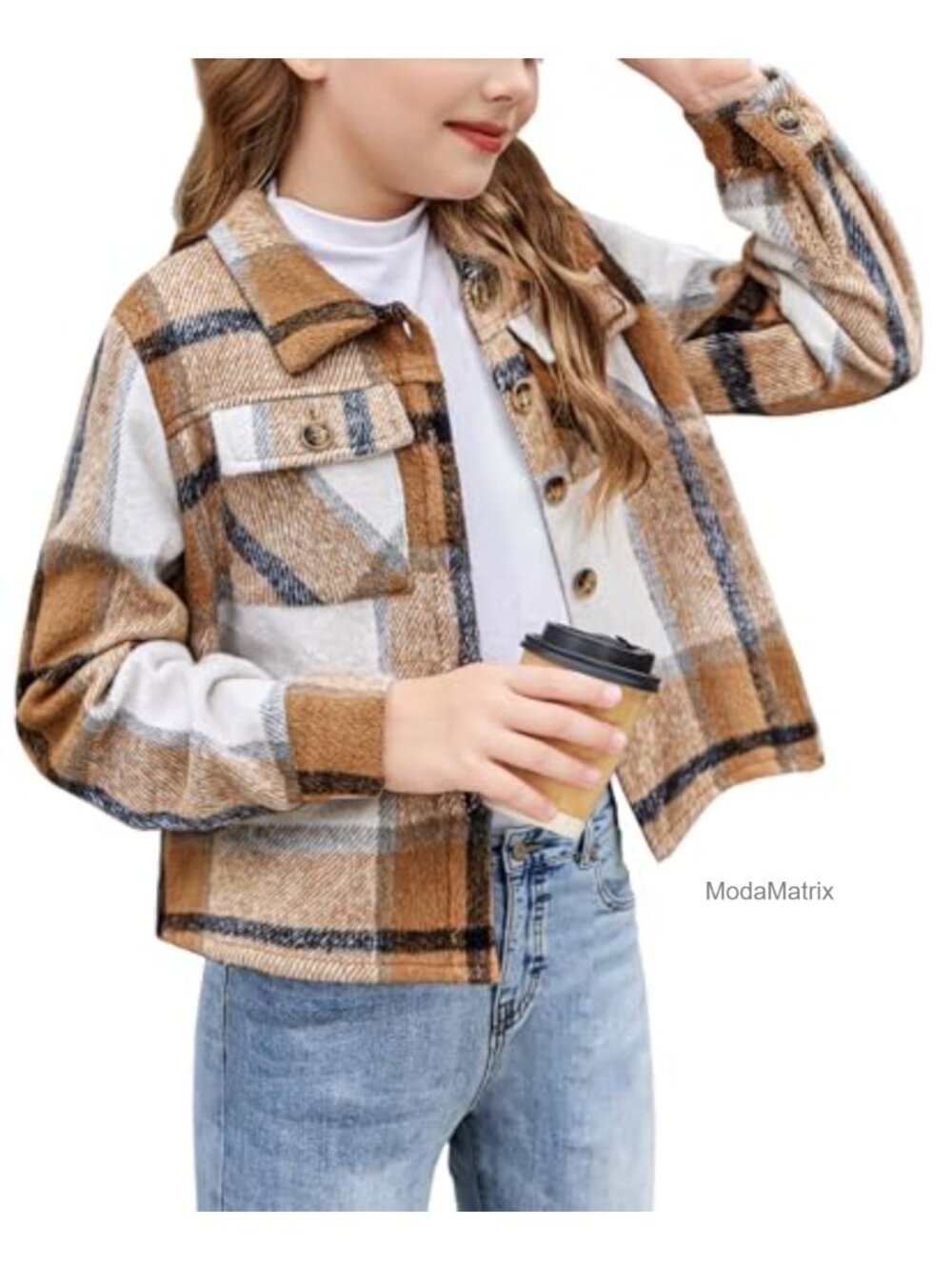 Girls Flannel Cropped Plaid Shacket Jacket Fall Winter Button Front